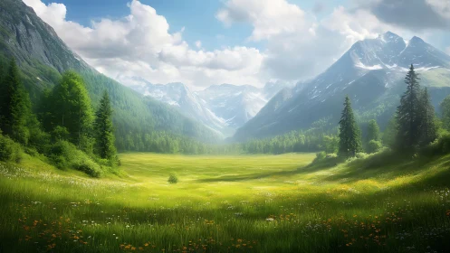 Sunlit alpine meadow framed by tall snowy mountain peaks.