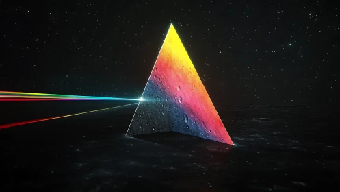 Prismatic lunar monolith refracts starlight across cosmic seas.