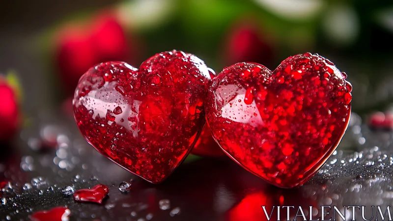 Crimson heart-shaped gelatin orbs with translucent crystalline texture and water droplets.