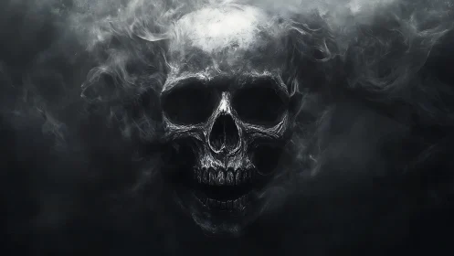 Digital painting of spectral skull emerging from swirling smoke.