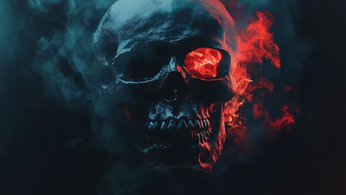 Burning skull emerges from smoke in high-contrast digital render