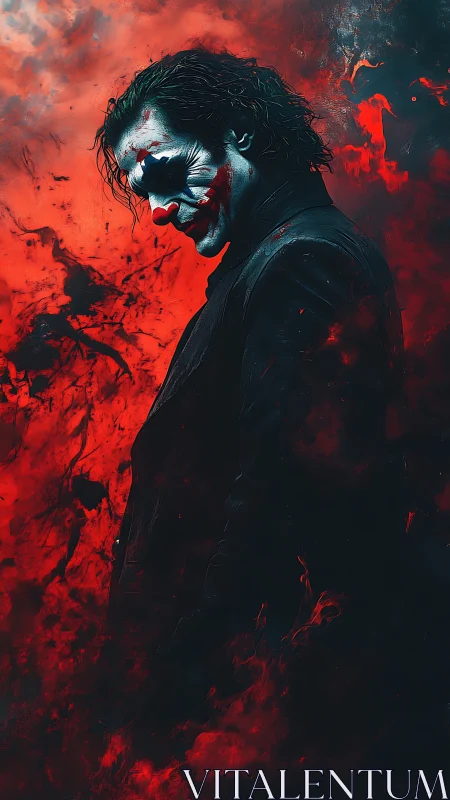 Clown-faced antihero in crimson smokelike abstraction portrait.