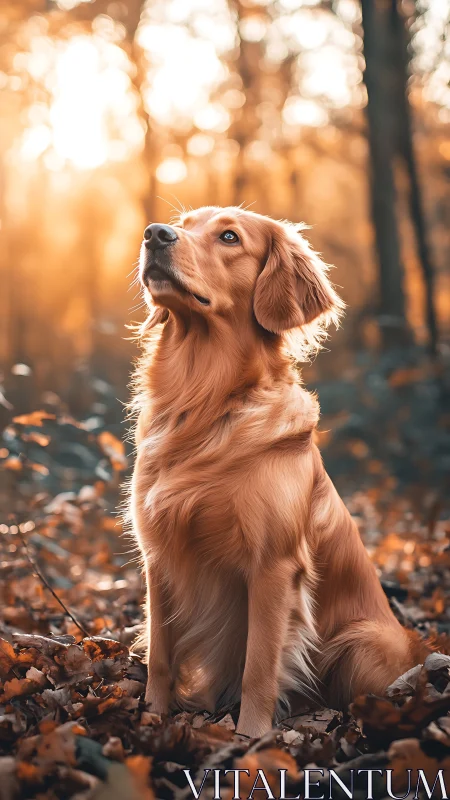 Golden daydreamer dog listens to the forest lightfall