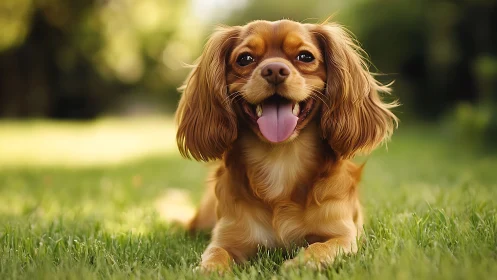 Sunlit spaniel grinning through a golden green afternoon lawn.