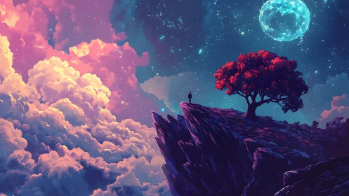 Solitary figure stands on vivid cliff beneath glowing moon