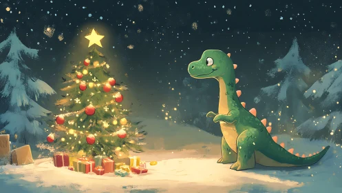 Cartoon dinosaur observing illuminated Christmas tree at night.
