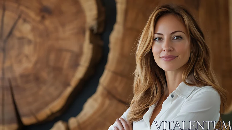 Confident Woman in White Blouse with Rustic Wooden Background.