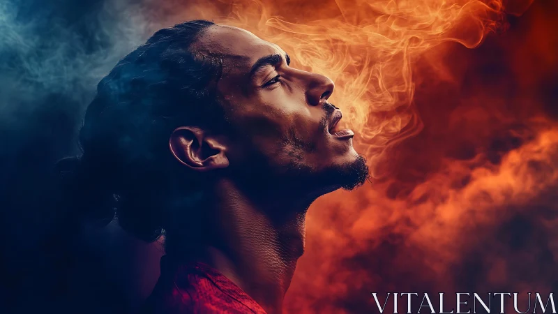 Portrait in profile captures man exhaling vapor in fiery light