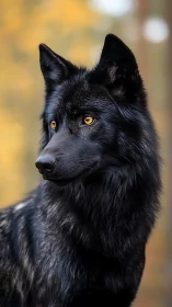 Black wolf portrait captures alert profile in soft autumn light