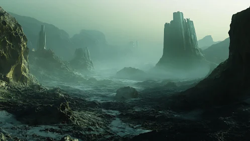 Mist-laden basalt spires in eroded extraterrestrial basin.
