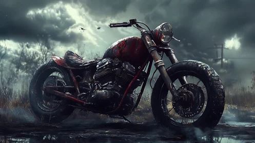 Weathered red motorcycle rests under a brooding storm sky