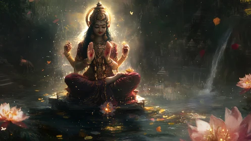 Four-armed goddess figure seated on lotus above reflective water