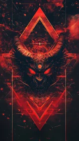 Demonic horned visage with geometric red sigil lattice in symmetry
