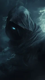 Hooded spectral figure with glowing eye in dark mist.
