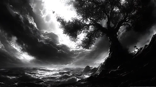 Storm-carved tree clings to a cliff above moonlit maelstrom