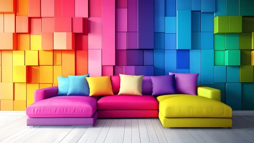 Color gradient sectional sofa set against cubic wall background