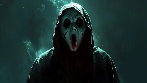 Hooded figure with distorted mask in dark teal environment.