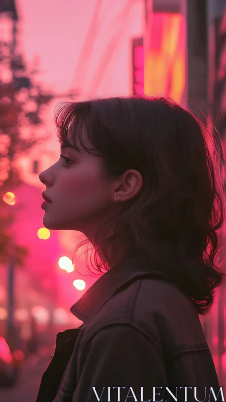Neon dusk profile portrait in cinematic pink streetlight glow.