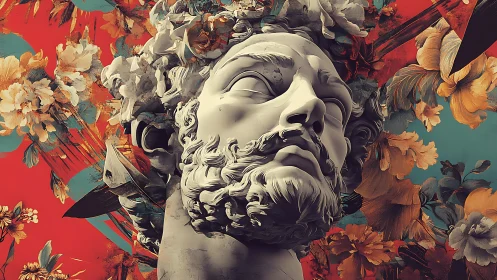 Neoclassical marble bust with floral digital painting background.