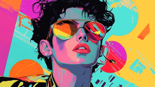 Stylized portrait with neon color palette and sunglasses.