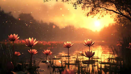 Sunlit water lilies stand in shallow pond at low horizon sunset