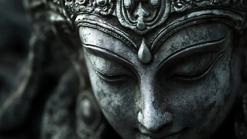 Close framing presents weathered metal sculpture face in detail