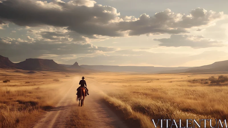 Rider on a dirt road crosses a dry open grassland plain