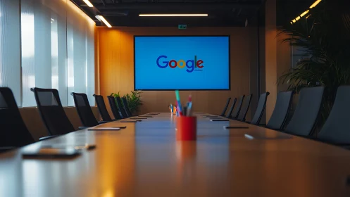 Modern conference room with Google logo on display screen.