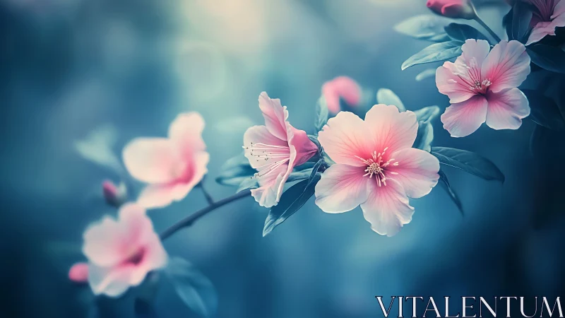 Whispered Petals Dancing Through Dreamlike Teal Serenity.