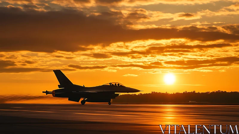 Silhouetted fighter jet accelerates on runway under intense sunset sky