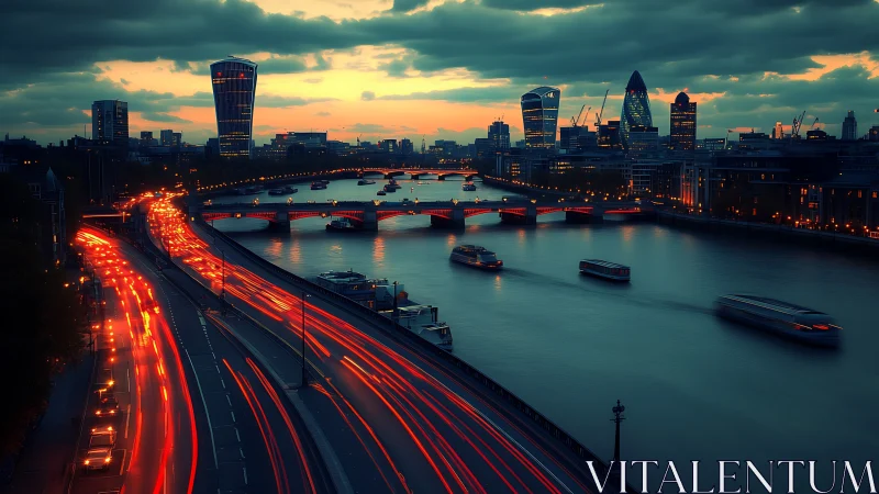 River city at dusk with light trails and skyline view.