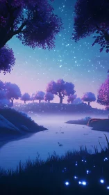 Dreamlike purple forest river under glowing starry sky