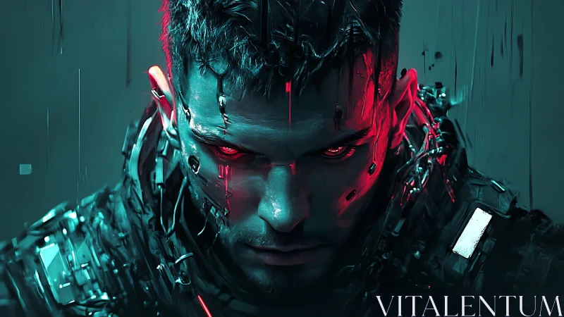Cybernetic warrior portrait with neon red teal lighting.