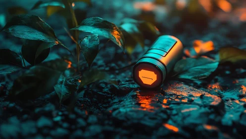Metal flashlight on wet forest ground with foliage.