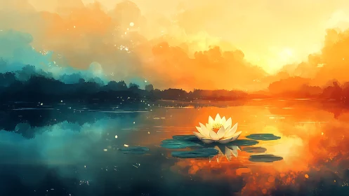 Golden sunrise reflects around tranquil lotus bloom on lake.