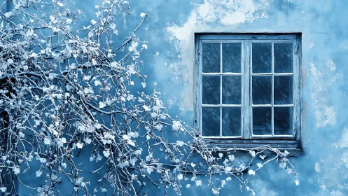 Frostbitten branches guarding a lonely blue winter window.