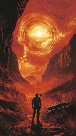 Lone wanderer beneath swirling solar vortex in canyonscape.