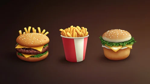Fast food burger and fries icons arranged on dark background