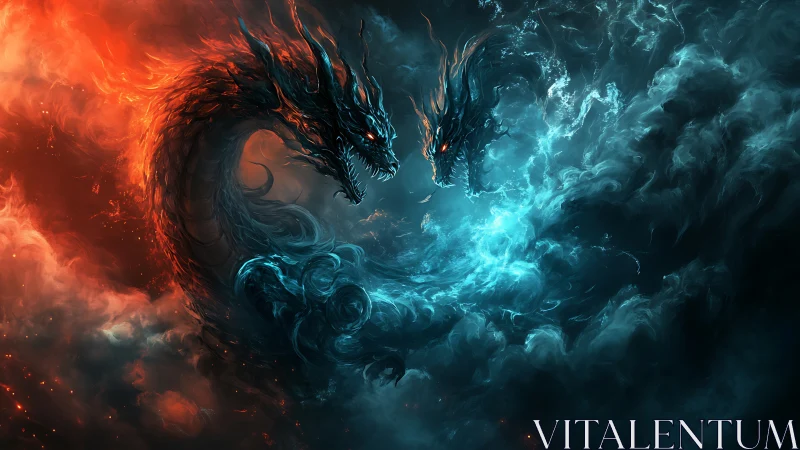 Elemental dragon duel within swirling fire and ice clouds.