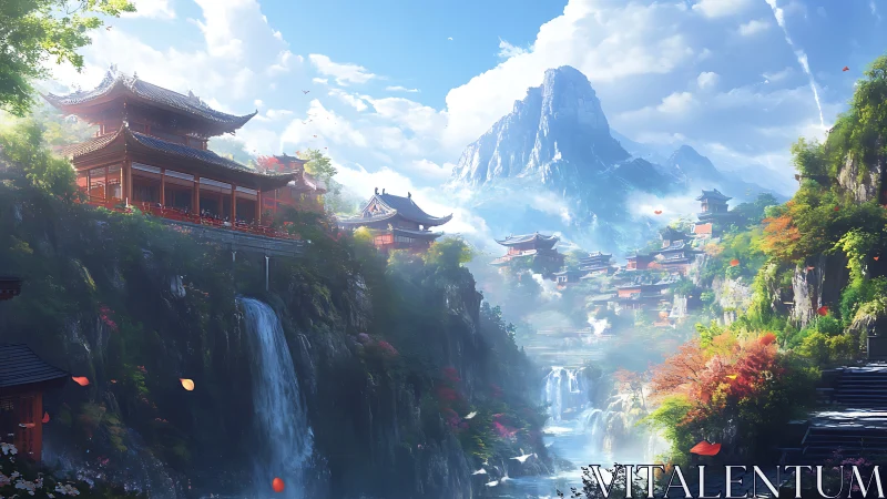 Mountain valley shows tiered temples, waterfalls and mist