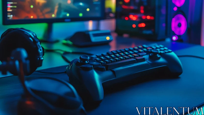 Neon lit gaming desk inviting you into a cozy night.