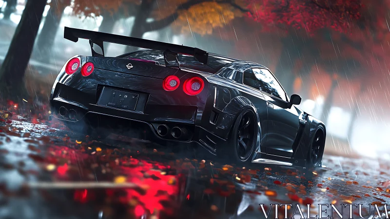 Modified black sports coupe powers through wet autumn rain