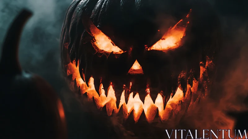 Menacing jack-o&rsquo;-lantern glows through eerie Halloween fog