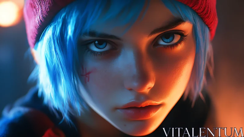 Close frontal portrait of blue haired character in beanie.