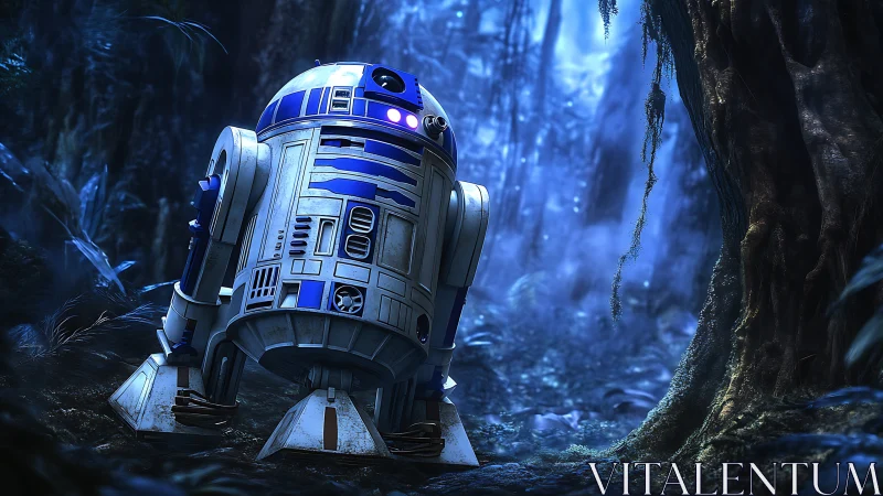 Luminous blue droid wanders through an alien jungle dreamscape