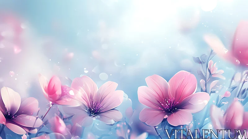 Soft Focus Pink Cosmos Blossoms Against Luminous Blue Background.