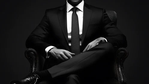 Midnight power suit in a velvet throne of shadows.