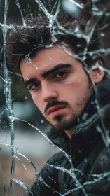 Moody portrait peers through shattered glass reflections