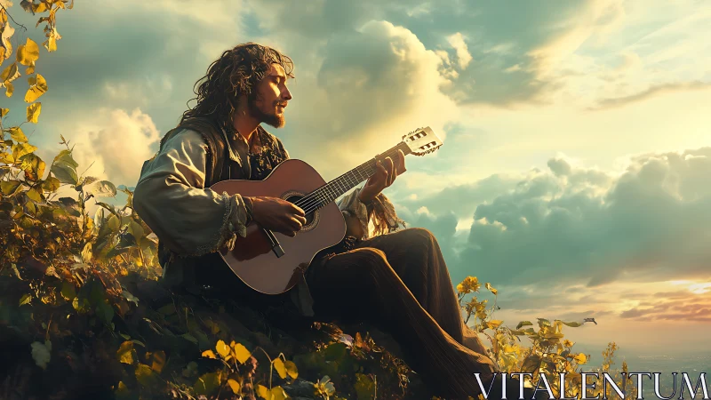 Golden hour minstrel with guitar on sunlit hillside panorama.