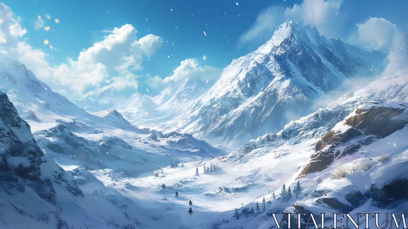 Snowbound explorers cross a vast sunlit mountain valley.